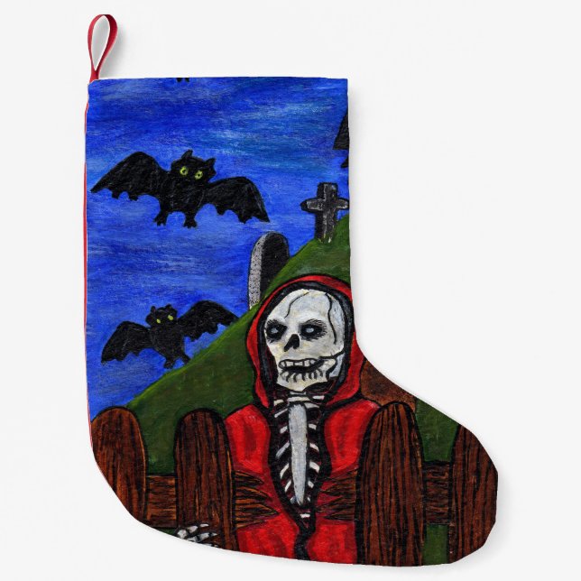 Calcetín Navideño Pequeño Grim Reaper Skeleton Bats Cemetery Moon Halloween (Anverso)