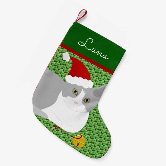 Calcetín Navideño Pequeño Gris Y Santa Gato Blanco Personalizado (Frente (Colgado))