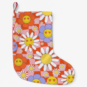 Calcetín Navideño Pequeño Groovy Daisy Floral Checkerboard, años 90