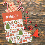 Calcetín Navideño Pequeño Groovy Hippie Retro Merry Christmas Santa Funny<br><div class="desc">Groovy Hippie Retro Merry Christmas Santa Funny Personalized Name Stockings presenta coloridos íconos vintage de Navidad como Santa Claus, árboles de Navidad, gente de pan de jengibre, coronas, regalos y el texto "Feliz Navidad y feliz Año Nuevo" en la moderna tipografía de escritura roja.Perfecto para regalos de Navidades y decoración...</div>
