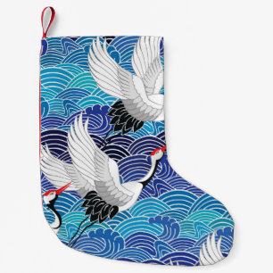 Calcetín Navideño Pequeño Grúa japonesa: Patrón de pájaro ordenado.