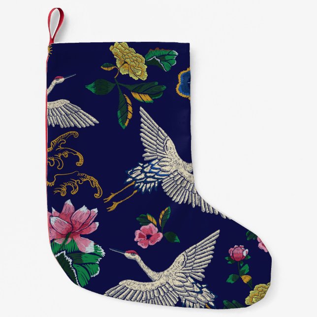 Calcetín Navideño Pequeño Grúas, olas y flores japonesas. Embroidery ill (Anverso)