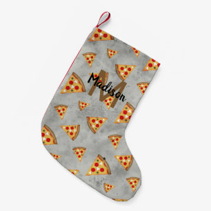 Calcetín Navideño Pequeño Guay pizza slices vintage gris patrón Monograma
