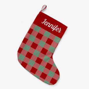 Calcetín Navideño Pequeño Guión Rústico Rojo Y Verde De Plata