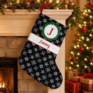 Calcetín Navideño Pequeño Guirnalda Monograma Tu Nombre Copos de Nieve Negro