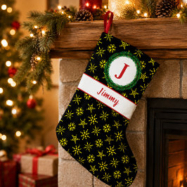 Calcetín Navideño Pequeño Guirnalda Monograma Tu Nombre Negro Amarillo Copos