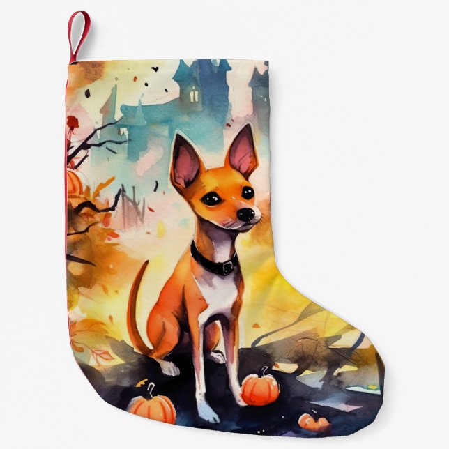Calcetín Navideño Pequeño Halloween Basenji con calabazas temerosas (Anverso)