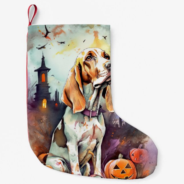 Calcetín Navideño Pequeño Halloween Basset Hound Con Calabazas Asustadas (Anverso)