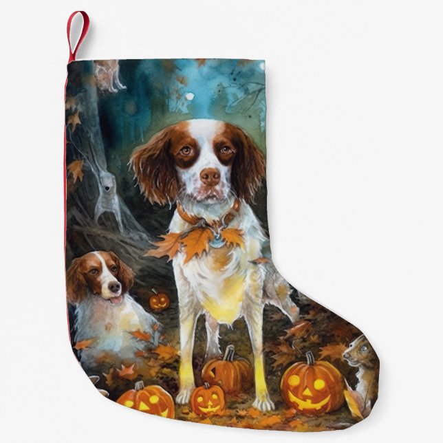 Calcetín Navideño Pequeño Halloween Brittany Spaniel con calabazas aterrador (Anverso)