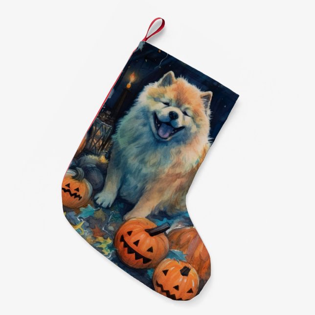 Calcetín Navideño Pequeño Halloween Chow Chow Con Calabazas Asustadas (Frente (Colgado))