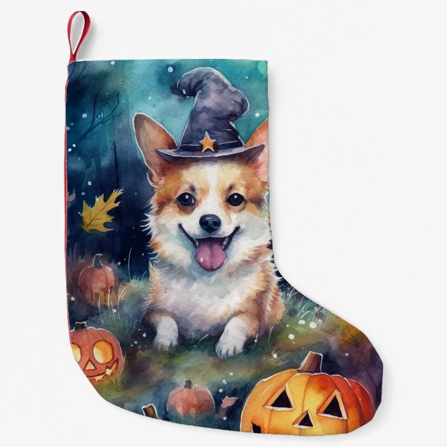 Calcetín Navideño Pequeño Halloween Corgi con calabazas aterradoras (Anverso)