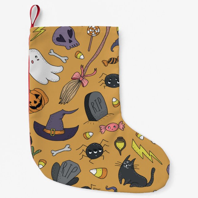 Calcetín Navideño Pequeño Halloween Doodle Objects Seless Pattern (Anverso)
