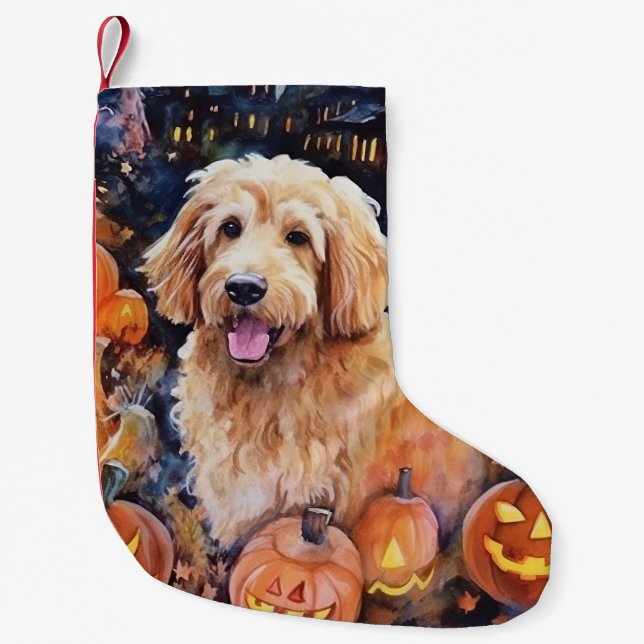 Calcetín Navideño Pequeño Halloween Goldendoodle con calabazas aterradoras (Anverso)