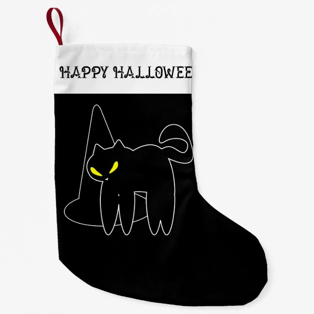 Calcetín Navideño Pequeño Halloween Stocking | Gato negro y Gorra (Anverso)