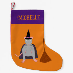 Calcetín Navideño Pequeño Halloween Witch Rat and Broom Custom Name