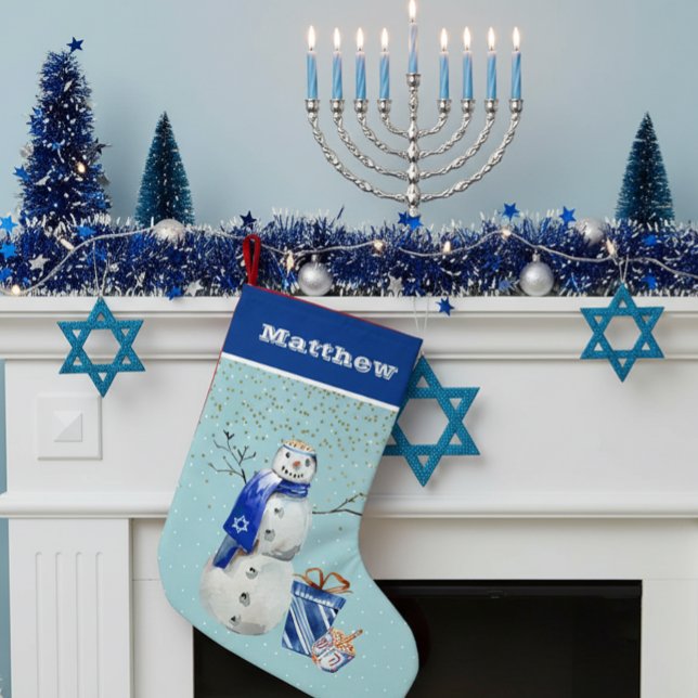 Calcetín Navideño Pequeño Hanukkah Blue Snowman acuarela personalizada (Subido por el creador)