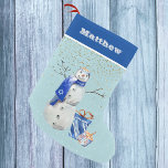 Calcetín Navideño Pequeño Hanukkah Blue Snowman acuarela personalizada<br><div class="desc">Este diseño fue creado a través del arte digital. Puede ser personalizado en el área proporcionada o personalizándolo eligiendo la opción de pulsar para personalizar y cambiando el nombre, iniciales o palabras. También puede cambiar el color y estilo del texto o eliminar el texto para un diseño de sólo imagen....</div>