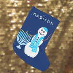Calcetín Navideño Pequeño Hanukkah Judío Snowman Menorah SML Chrismukkah<br><div class="desc">Personalice esta adorable población de snowman para Chrismukkah o Hanukkah. Este Navidad de doble cara o de Chrismukkah es fácil de personalizar con un nombre en texto blanco en el fondo azul oscuro usando las plantillas de texto fáciles. En su brillante bufanda azul Star Of David con su propia Menorah...</div>