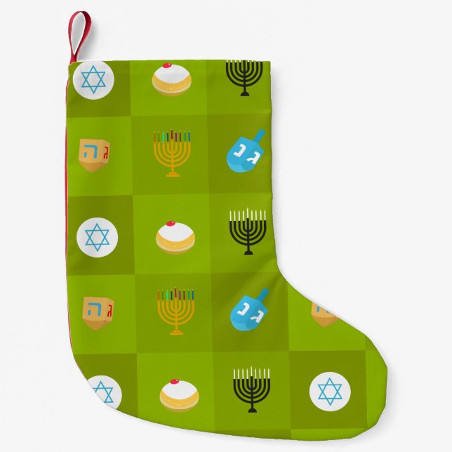 Calcetín Navideño Pequeño hanukkah verde de bloques de color (Anverso)