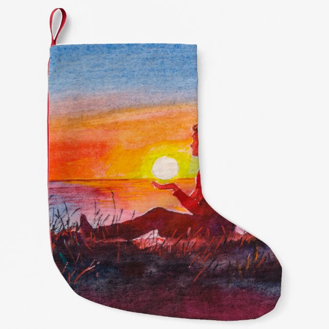 Calcetín Navideño Pequeño Hermosa puesta de sol del océano. Retrato de mujer (Anverso)