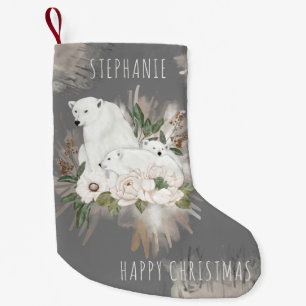 Calcetín Navideño Pequeño Hermoso oso polar gris nombre Navidades felices