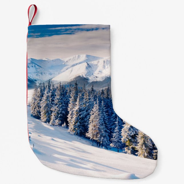 Calcetín Navideño Pequeño Hermoso paisaje invernal con árboles cubiertos de  (Anverso)