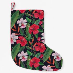 Calcetín Navideño Pequeño hibiscos rojos, orquídeas, acuarela tropical.
