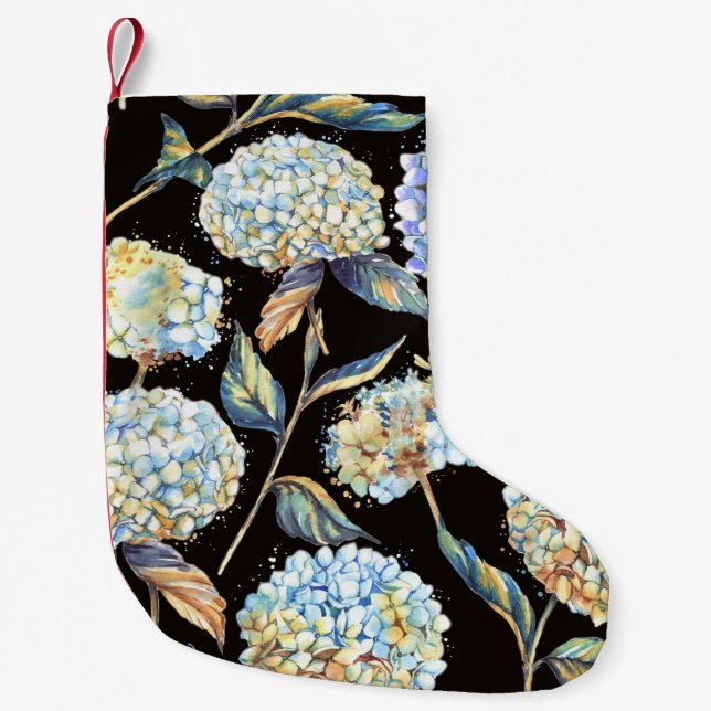 Calcetín Navideño Pequeño Hidrangea Azul Acuarela: Patrón oscuro sin foco (Anverso)