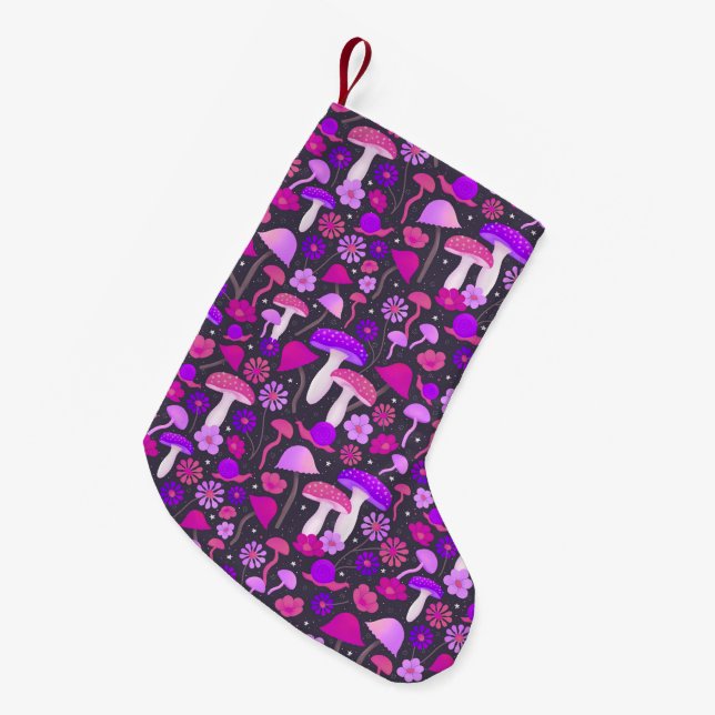 Calcetín Navideño Pequeño Hippie Mushrooms Pattern Purple, Pink & Black (Frente (Colgado))