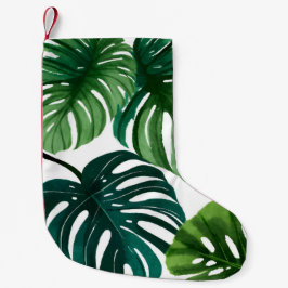 Calcetín Navideño Pequeño Hojas de Monstera Acuarela