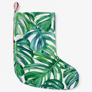 Calcetín Navideño Pequeño Hojas de Monstera: Patrón de jungla acuarela.