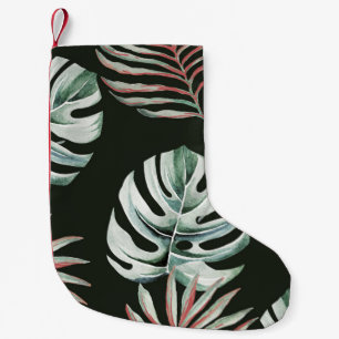 Calcetín Navideño Pequeño Hojas de palma, monstera: acuarela tropical.