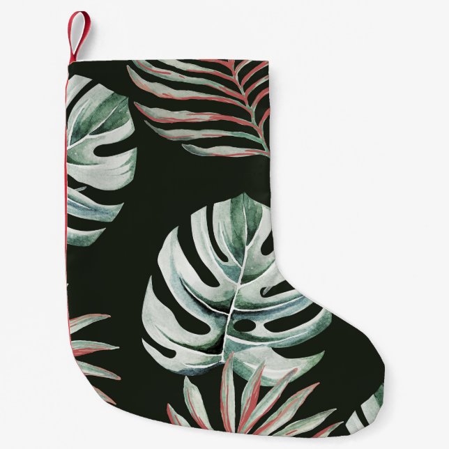 Calcetín Navideño Pequeño Hojas de palma, monstera: acuarela tropical. (Anverso)