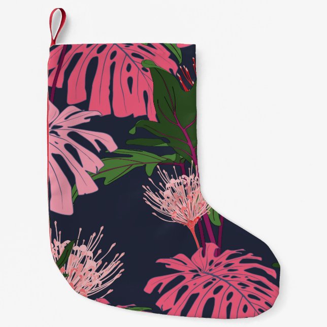 Calcetín Navideño Pequeño Hojas de palma tropicales verdes y rosas exóticas  (Anverso)