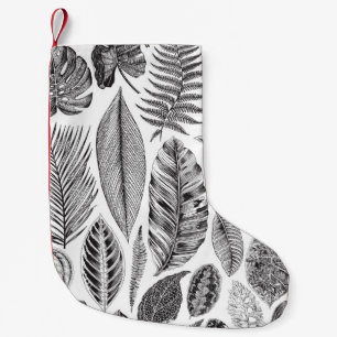 Calcetín Navideño Pequeño Hojas exóticas, blanco y negro floral vintage.