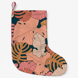 Calcetín Navideño Pequeño Hojas rosadas, naranjas, amarillas de monstera y
