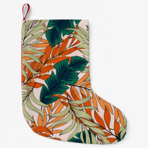 Calcetín Navideño Pequeño Hojas tropicales de color beige verde, patrón sin 