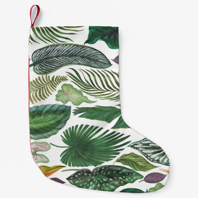 Calcetín Navideño Pequeño Hojas tropicales: fondo transparente de acuarela (Anverso)