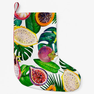 Calcetín Navideño Pequeño Hojas tropicales, frutas, gouache sin costura.
