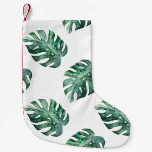 Calcetín Navideño Pequeño Hojas tropicales verdes, patrón de acuarela