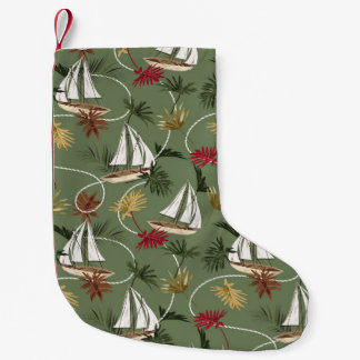 Calcetín Navideño Pequeño Hojas tropicales vintage, barco y mar de cuerda de
