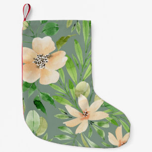 Calcetín Navideño Pequeño Hojas verdes, Flores rosas: acuarela.