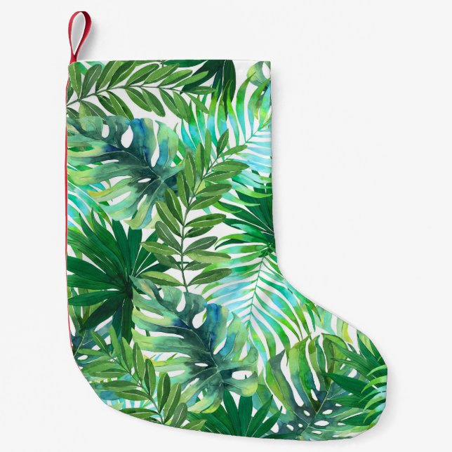 Calcetín Navideño Pequeño Hojas verdes tropicales, acuarela sin foco. (Anverso)