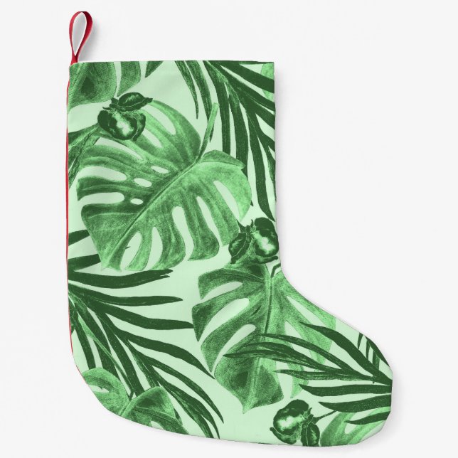 Calcetín Navideño Pequeño Hojas y flores tropicales, patrón de acuarela. (Anverso)