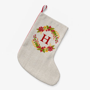 Calcetín Navideño Pequeño Holly Berries Wreath Monograma Rústico Linen Burl