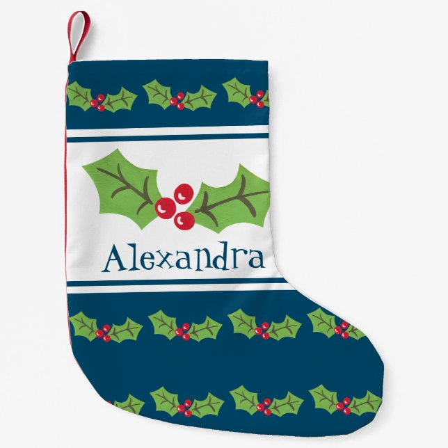Calcetín Navideño Pequeño Holly y bayas personalizadas (Anverso)