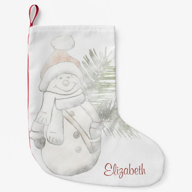 Calcetín Navideño Pequeño Hombre De Nieve Con Sombrero Santa - Personalizado (Anverso)