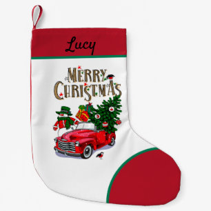 Calcetín Navideño Pequeño Hombre de nieve y auto rojo
