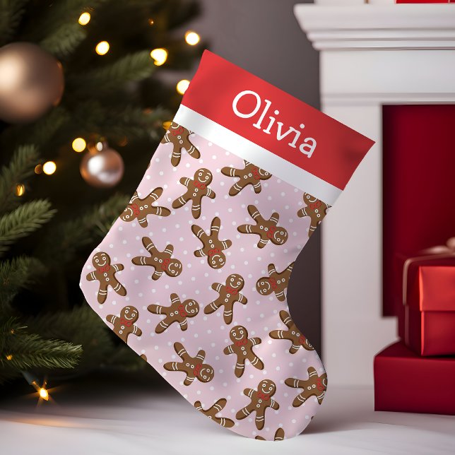 Calcetín Navideño Pequeño Hombre del pan de dot rosado de polka (Subido por el creador)