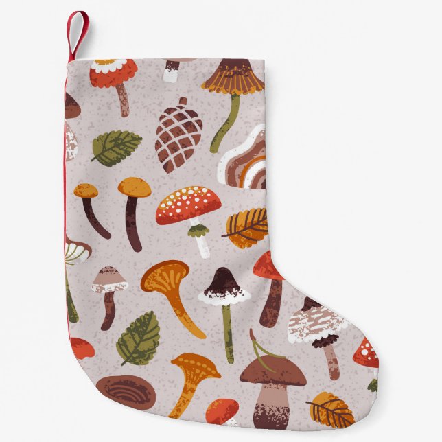Calcetín Navideño Pequeño Hongos otoñales, hojas: repetición de cosecha. (Anverso)